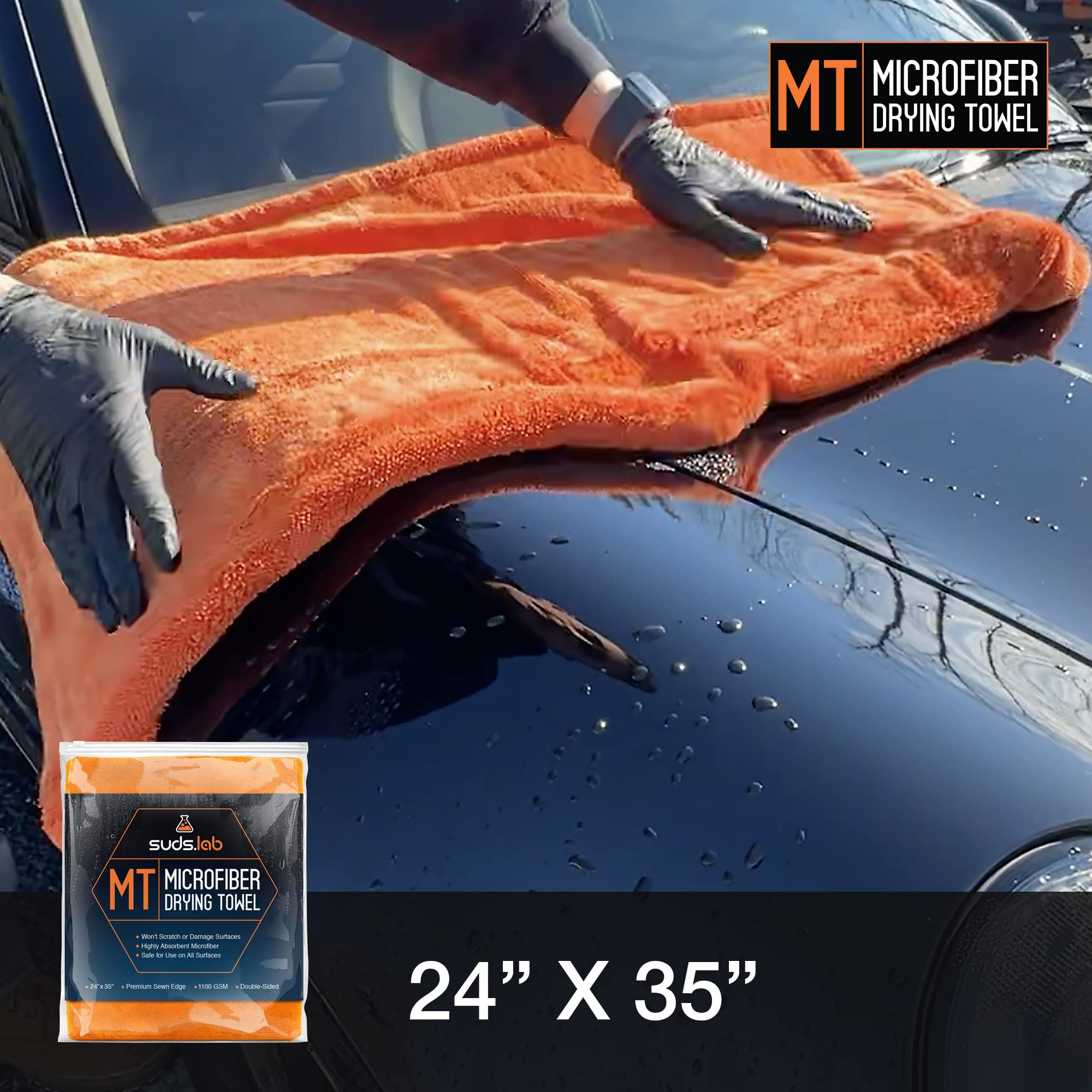 Suds Lab microfiber towel on plastic trim for gentle exterior detailing