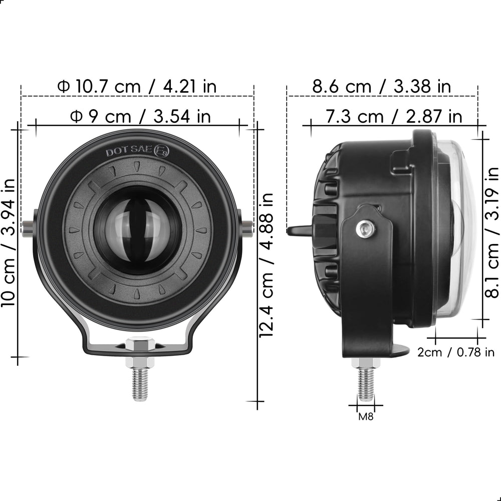 SUFEMOTEC LED pod lights glass fisheye optics for glare-free night driving.