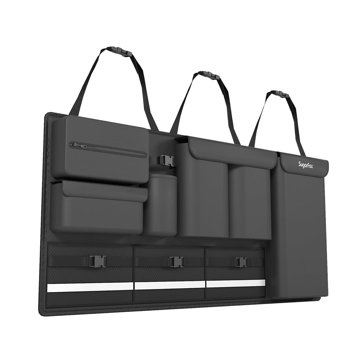 SugarFox backseat hanging organizer with anti-slip straps securing gear on the road
