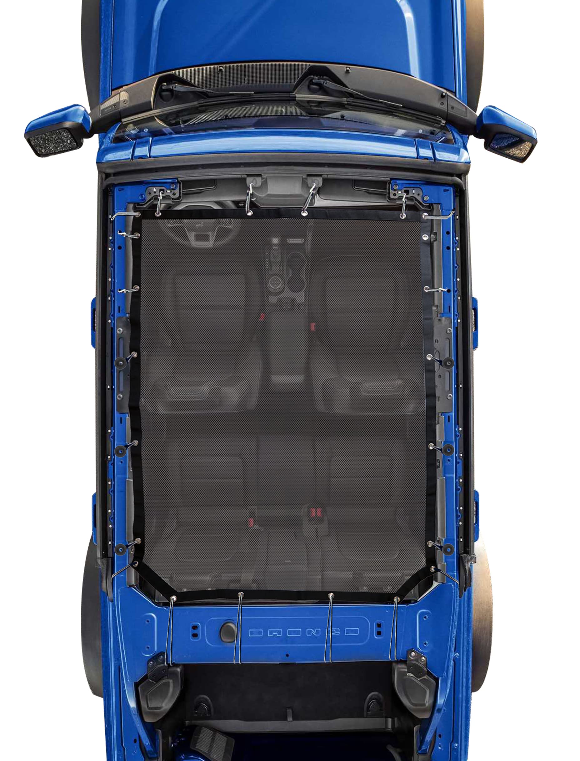Sukemichi Ford Bronco sunshade front view showing full-length mesh coverage.