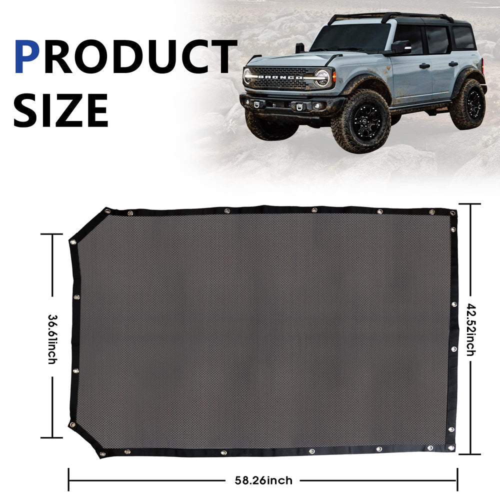 Sukemichi Ford Bronco sunshade blocks UV rays for cooler interior.