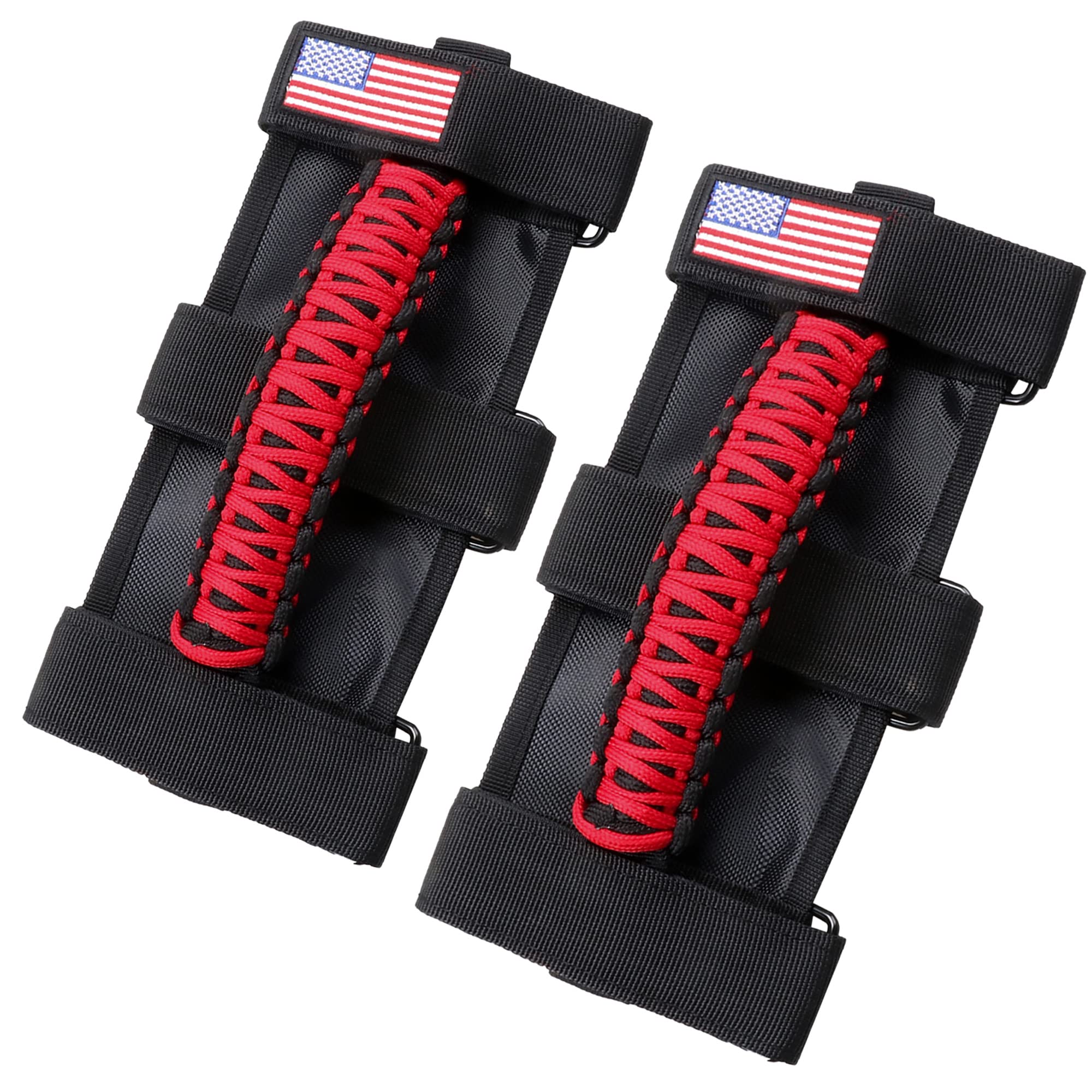 Sukemichi red roll-bar grab handles 2-pack for Jeep Wrangler provide secure grip.
