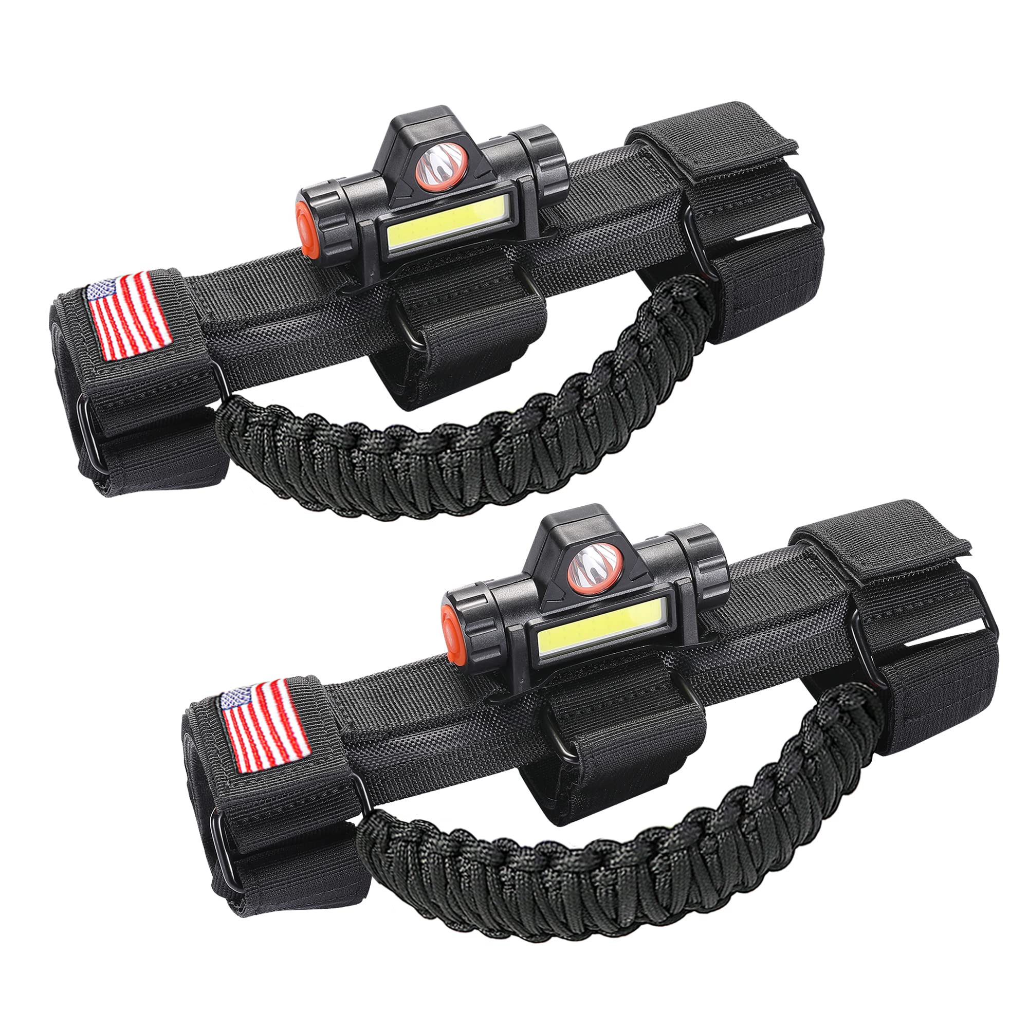 Sukemichi jeep wrangler grab handles with light mounted on roll bar for easy night entry.