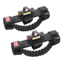 Sukemichi jeep wrangler grab handles with light mounted on roll bar for easy night entry.