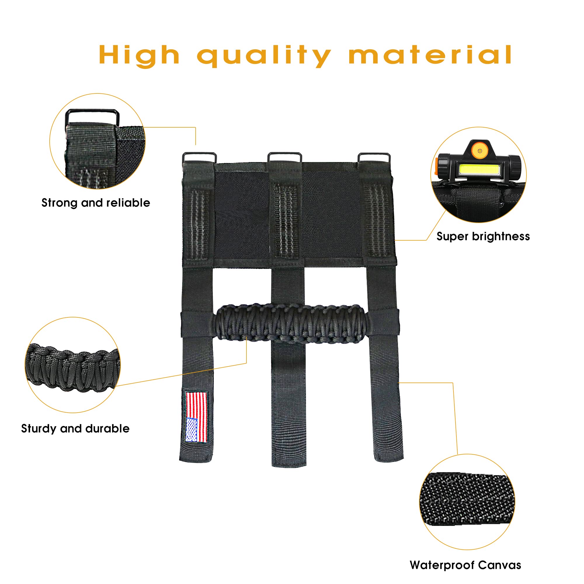 Velcro and magnetic installation options shown on Jeep interior.