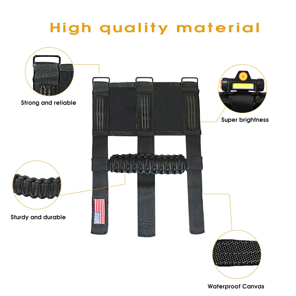 Velcro and magnetic installation options shown on Jeep interior.