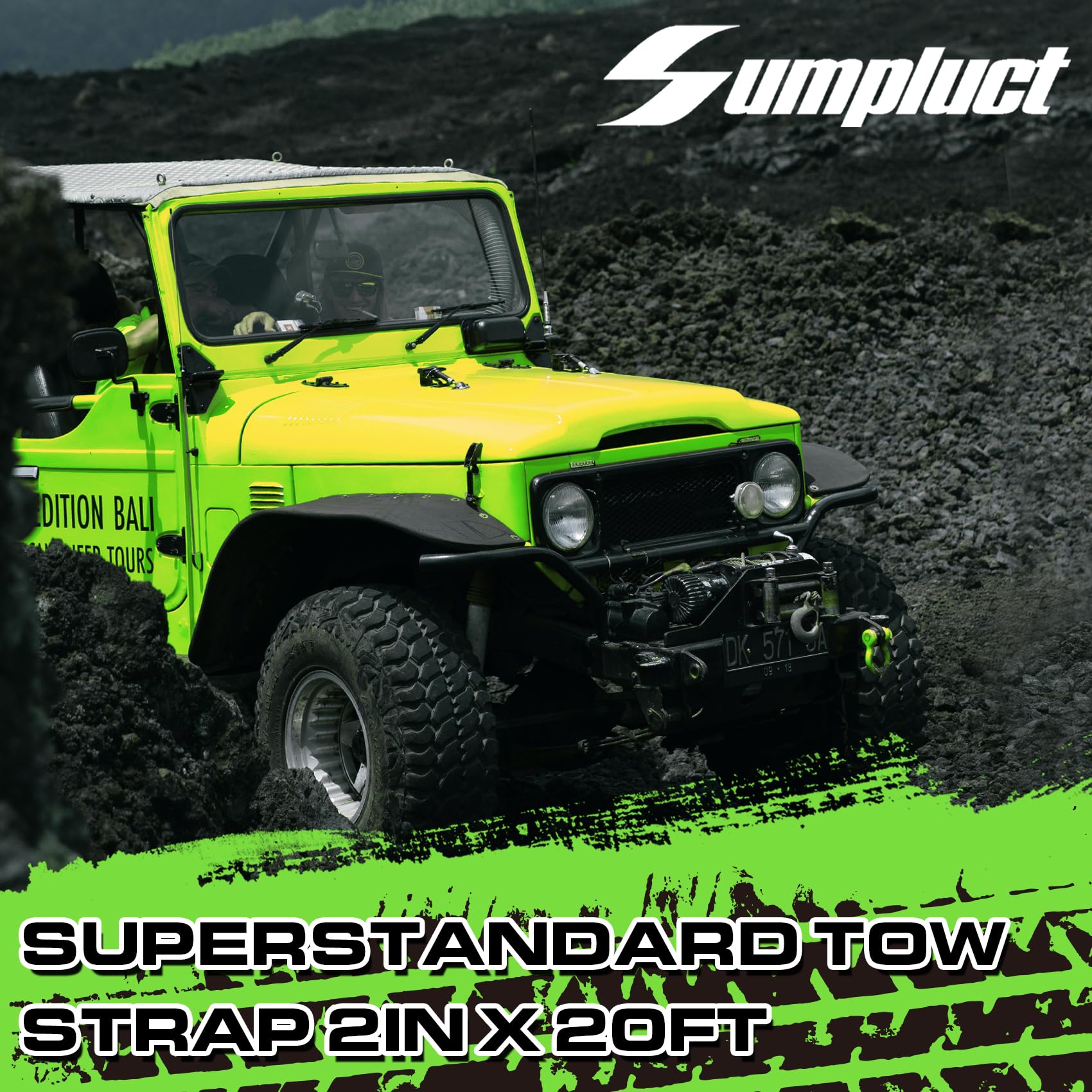 Sumpluct heavy-duty tow strap in use on rugged terrain