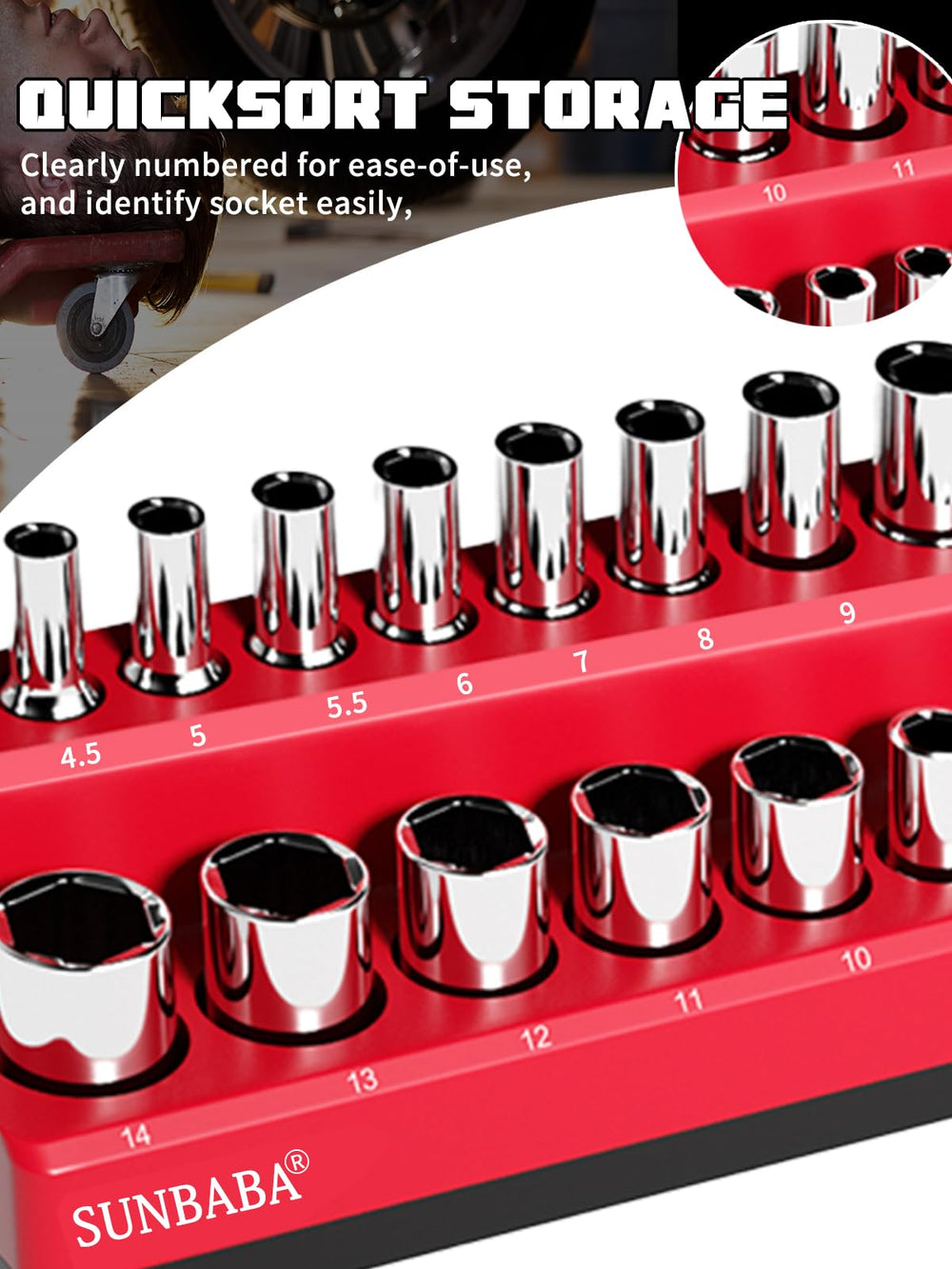 Sunbaba capacity 197 sockets helps maintain a tidy workbench.