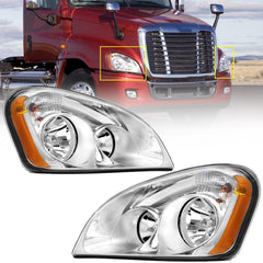 Sunhua Cascadia headlights with chrome housing, left driver side for improved nighttime visibility.