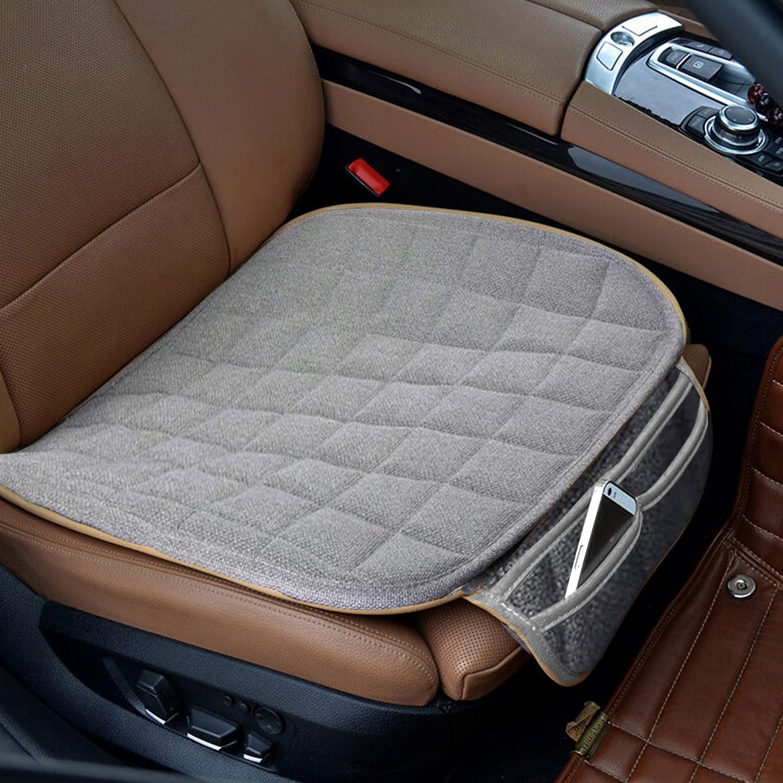 Suninbox linen seat cover on the front seat for breathable comfort on long commutes.