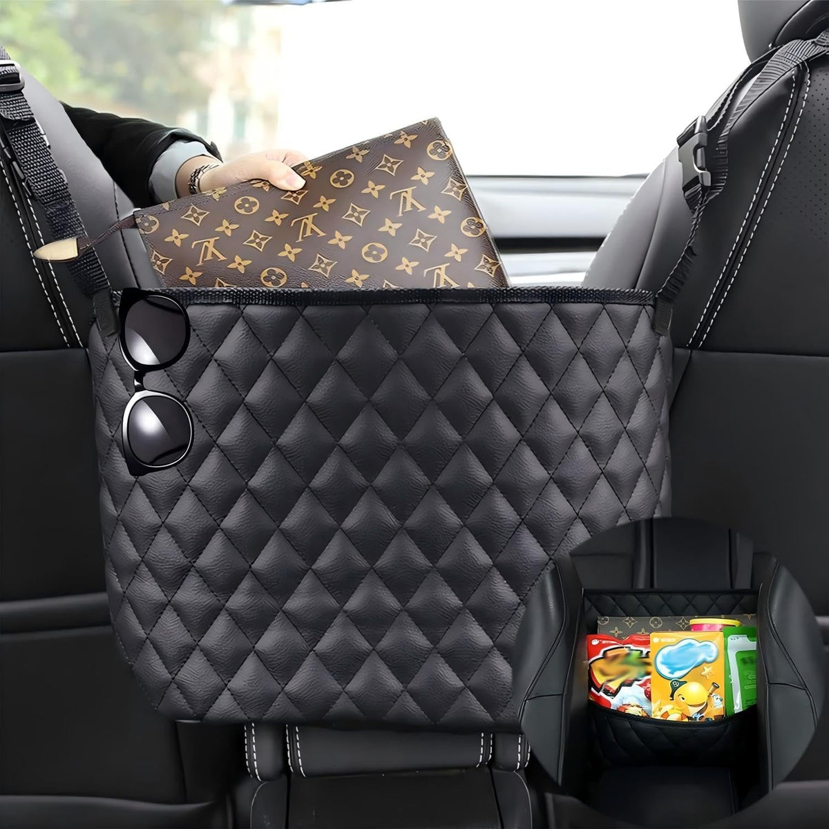 SunlightXS car net pocket between seats holds handbag for easy reach while driving