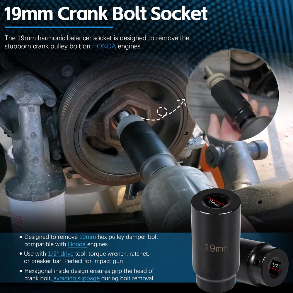 Sunluway 1/2-drive crank pulley tool attached to impact wrench for efficient removal.