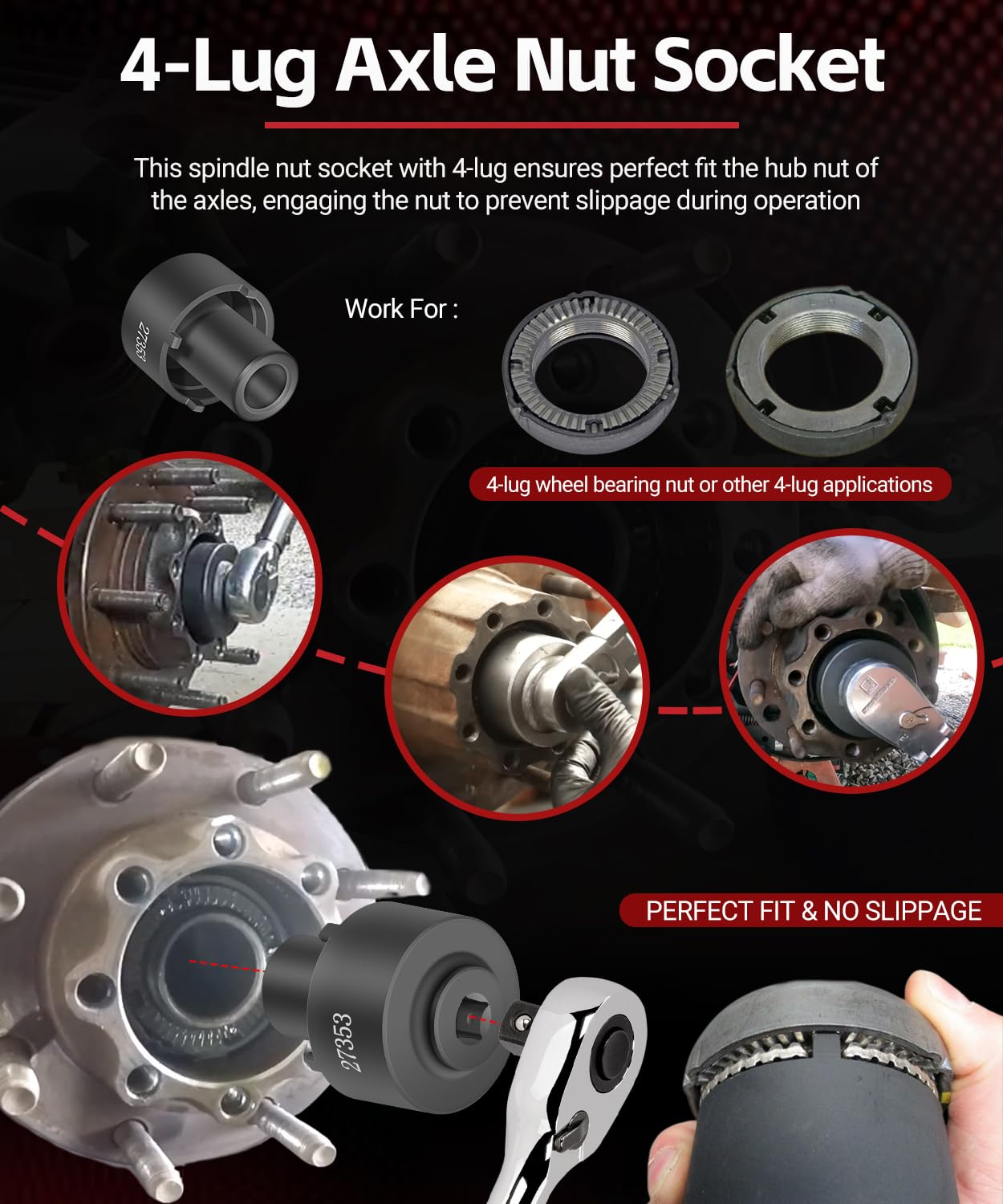 Sunluway 27353 four-lug socket aligns spindle nuts to prevent slippage during use