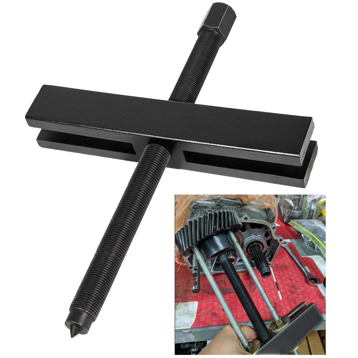Sunluway 522 gear puller front view for removing gears with tapped holes.