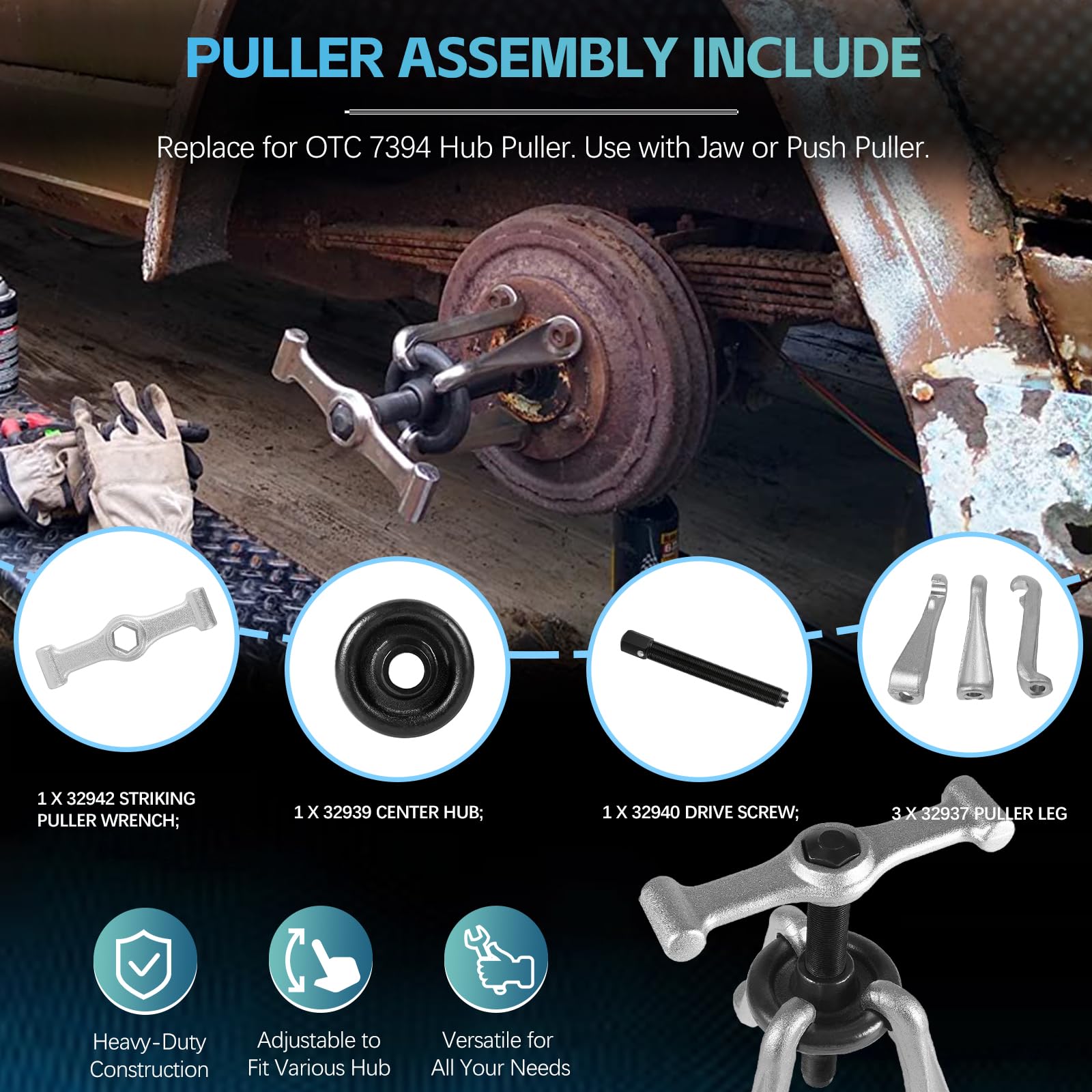 Sunluway included parts: center hub, drive screw, legs, and wrench