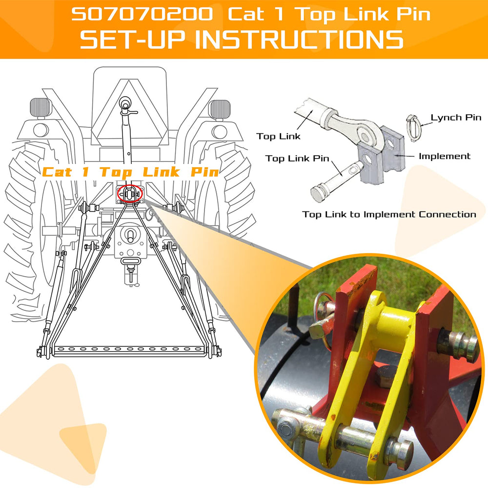 Sunluway long top-link pin shows 5-1/2 inch overall length for alignment.