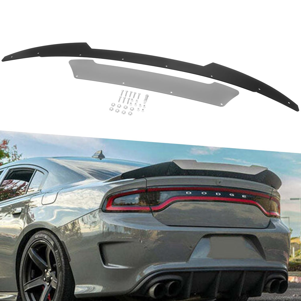 Sunluway VenomV2 rear wickerbill spoiler on a Dodge Charger with gloss black finish, enhancing sporty aesthetics