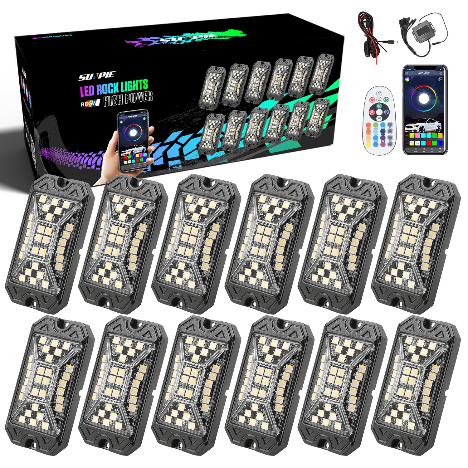 Sunpie 12 pods RGBW rock lights provide full-beam coverage for enhanced vehicle visibility.