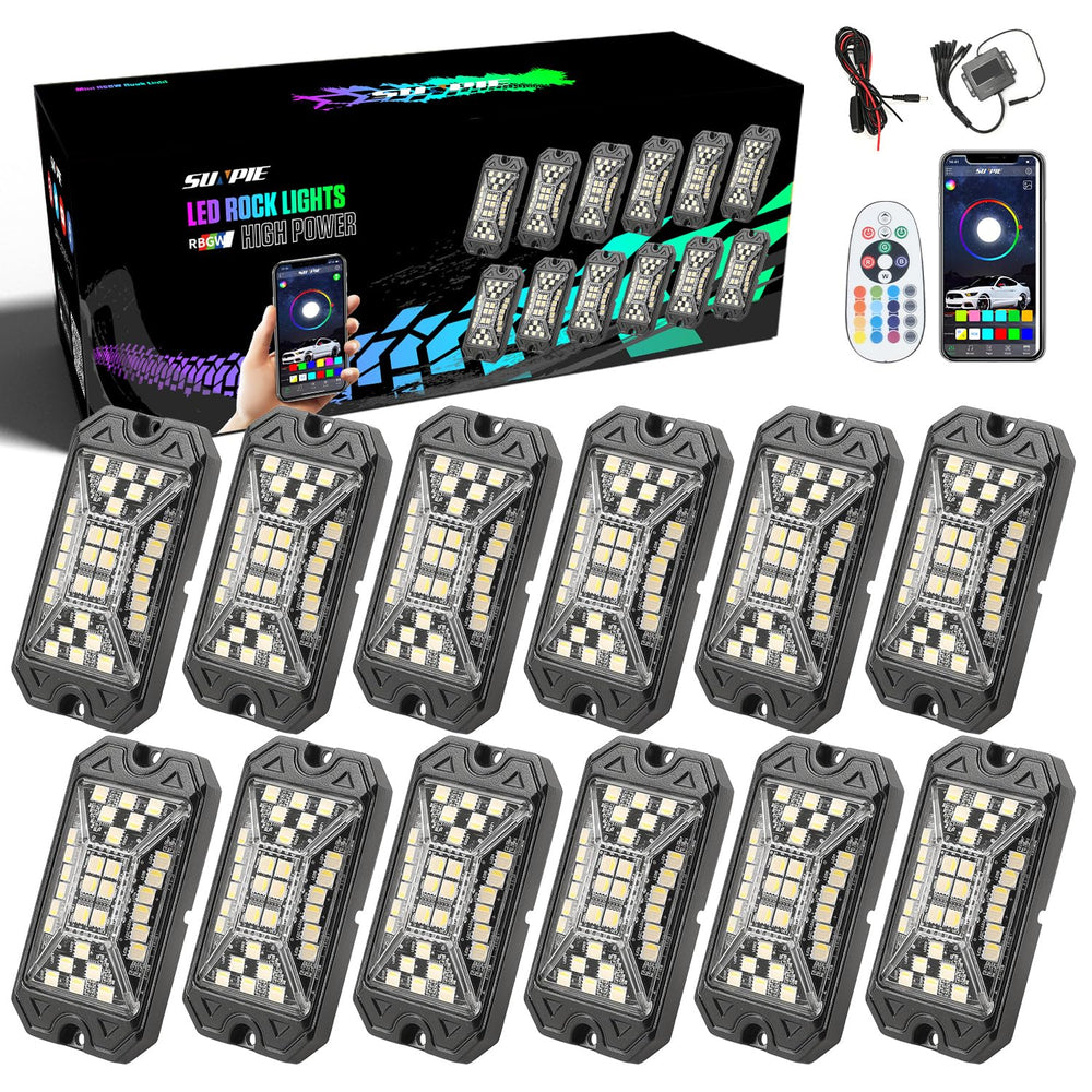 Sunpie 12 pods RGBW rock lights provide full-beam coverage for enhanced vehicle visibility.