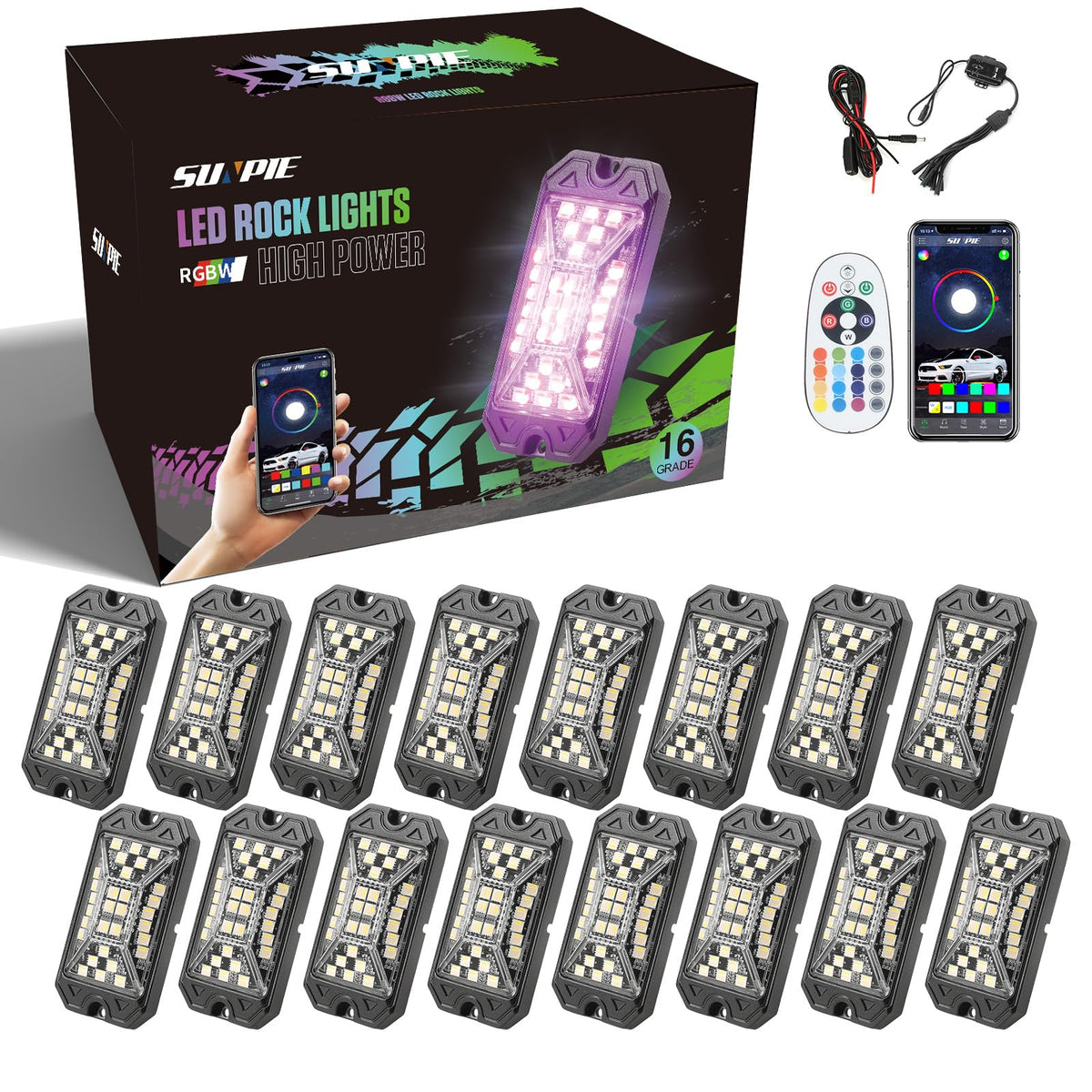 SUNPIE 16 pods RGBW rock light with full beam for trucks and boats
