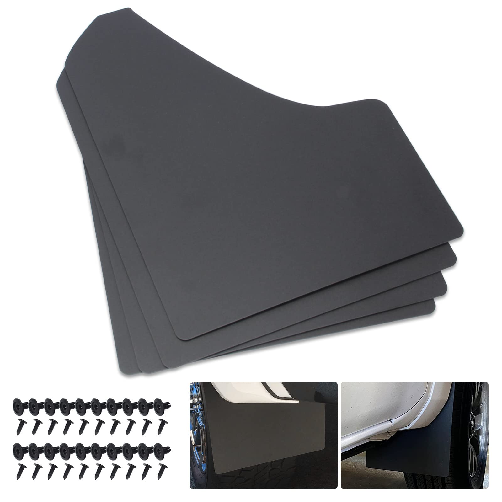 SUNPIE universal black mud flaps front view showing broad coverage against road spray.