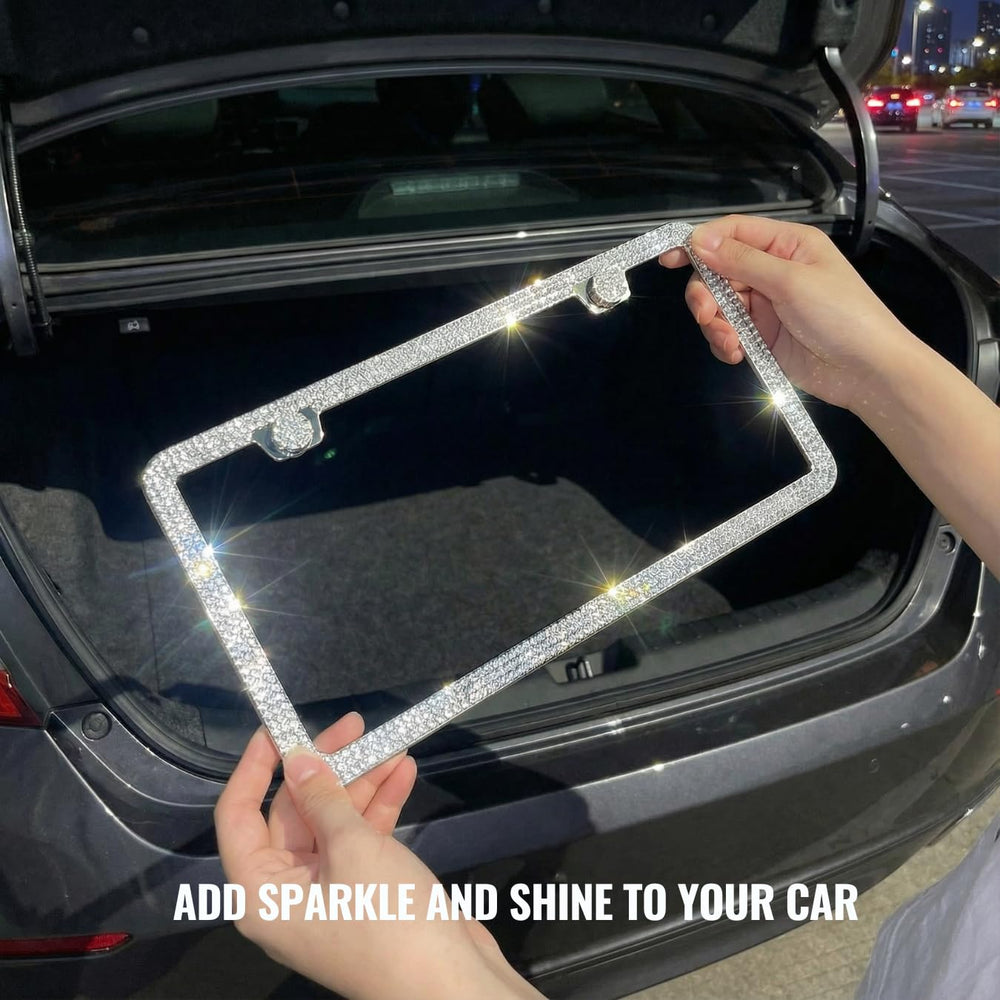 SunplusTrade silver sparkle frame enhances modern car aesthetics.