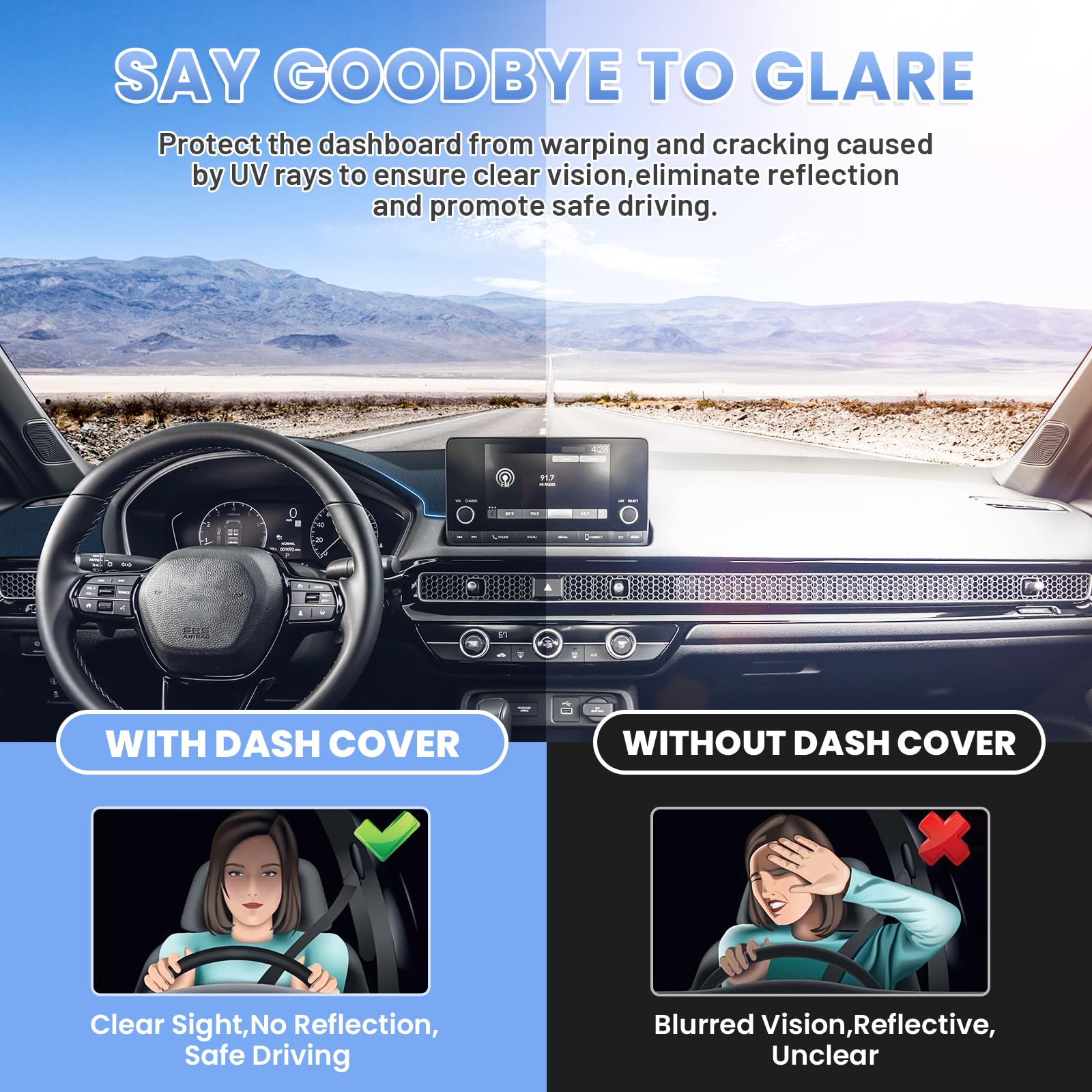 Sunsdrew suede finish dash cover adds luxury and protection.