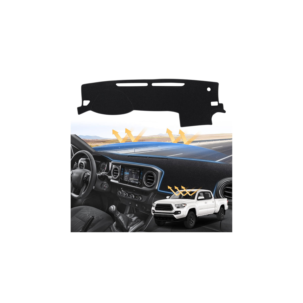 Sunsdrew dash cover on Toyota Tacoma protects the dash from sun glare.