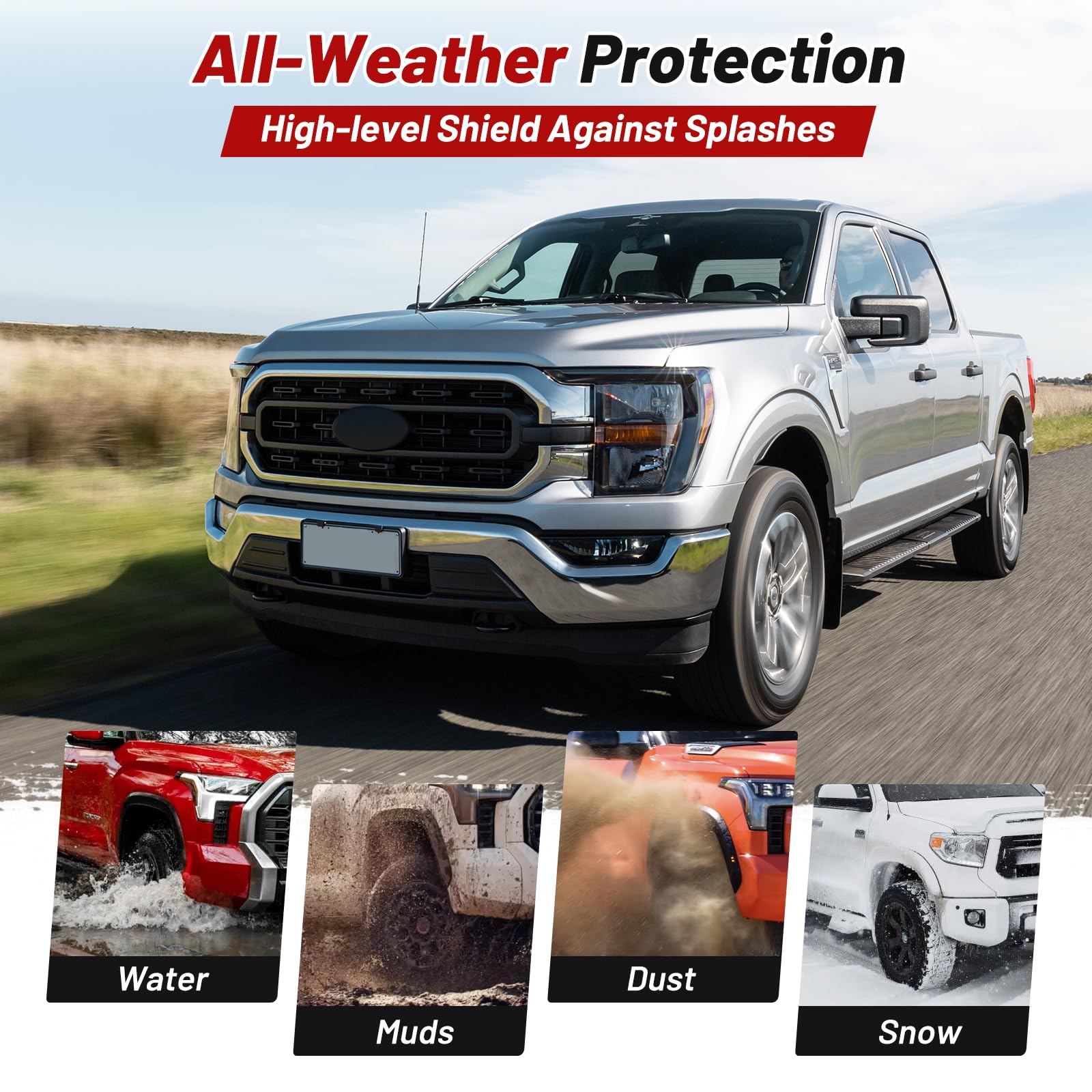 Sunsdrew F-150 mud flaps rear right minimize road spray on the rear.