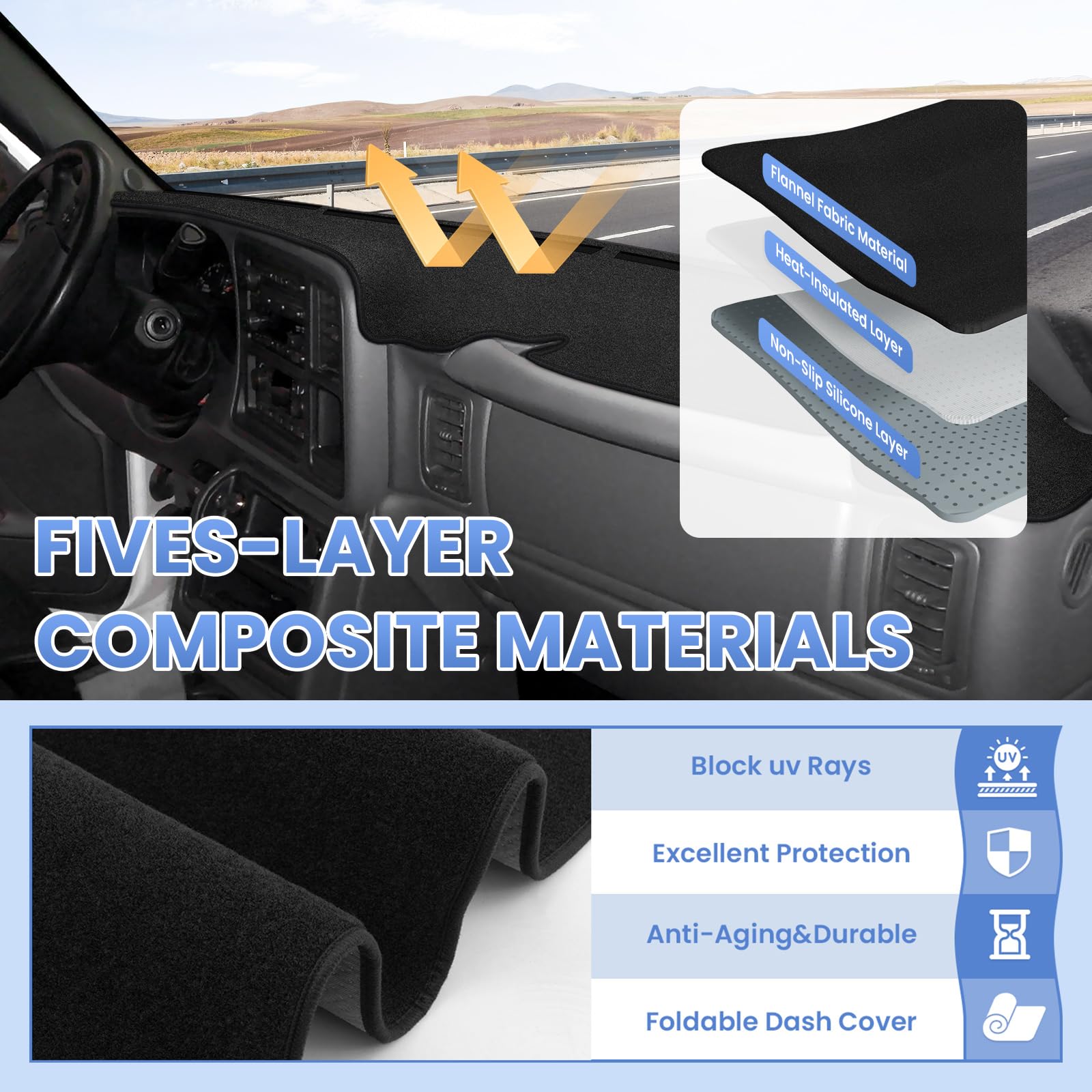Sunsdrew premium suede dashboard cover adds soft luxury and protection.