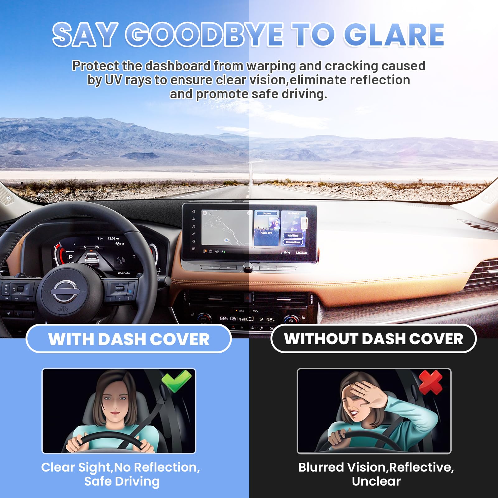 Sunsdrew suede dash protector adds premium feel while shielding from sun.