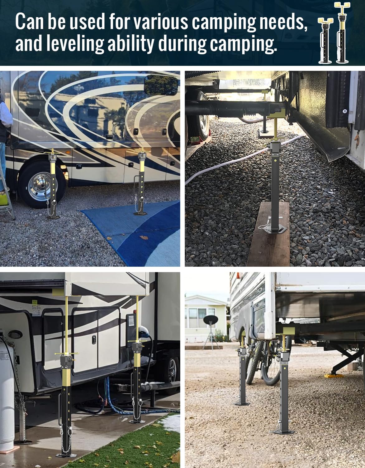 SUNSHINE FARMRE stabilizer jacks in use on a parked RV for reduced sway