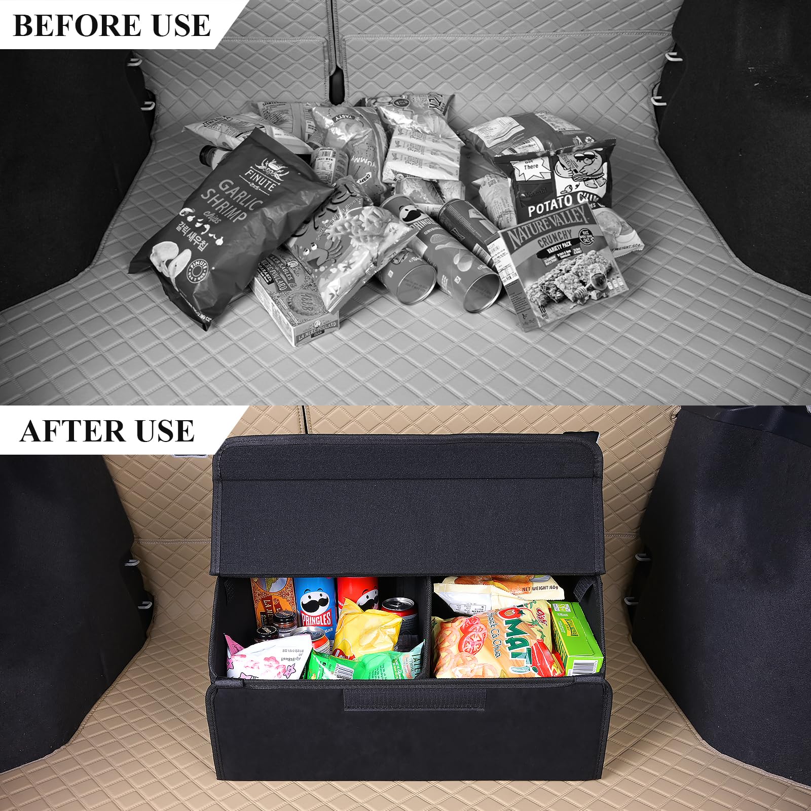 Sunshine Sky foldable car storage box fits across SUV and sedan cargo areas.