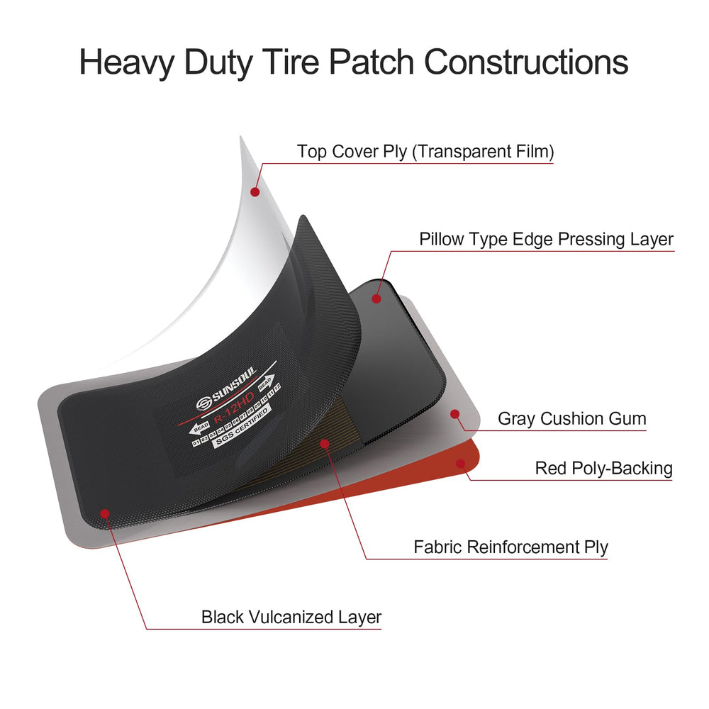 SUNSOUL patch materials show reinforced rubber and fabric ply for strength.