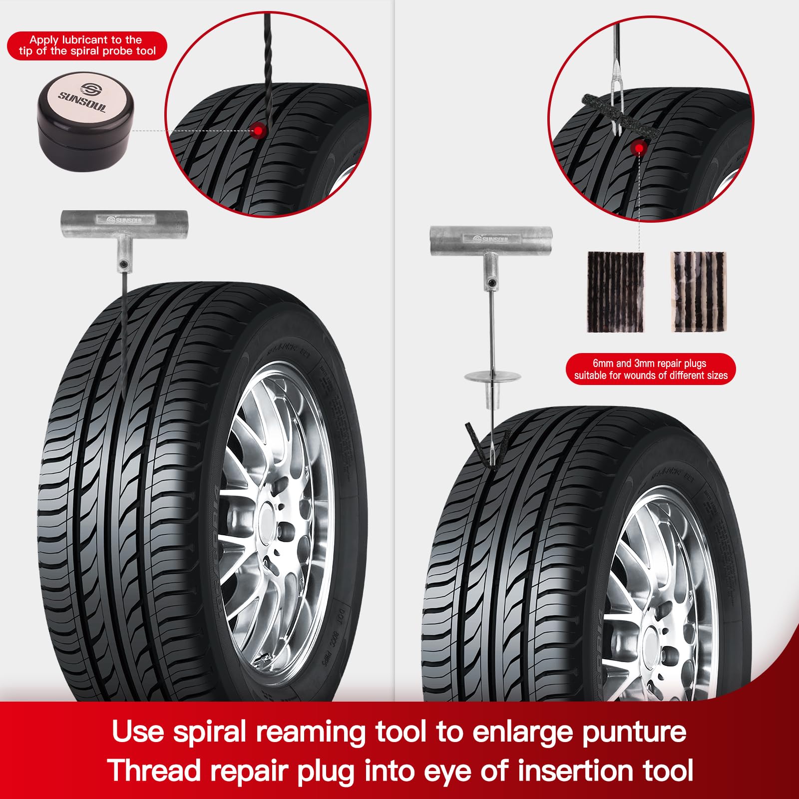 SUNSOUL tubeless repair kit works without removing the tire.