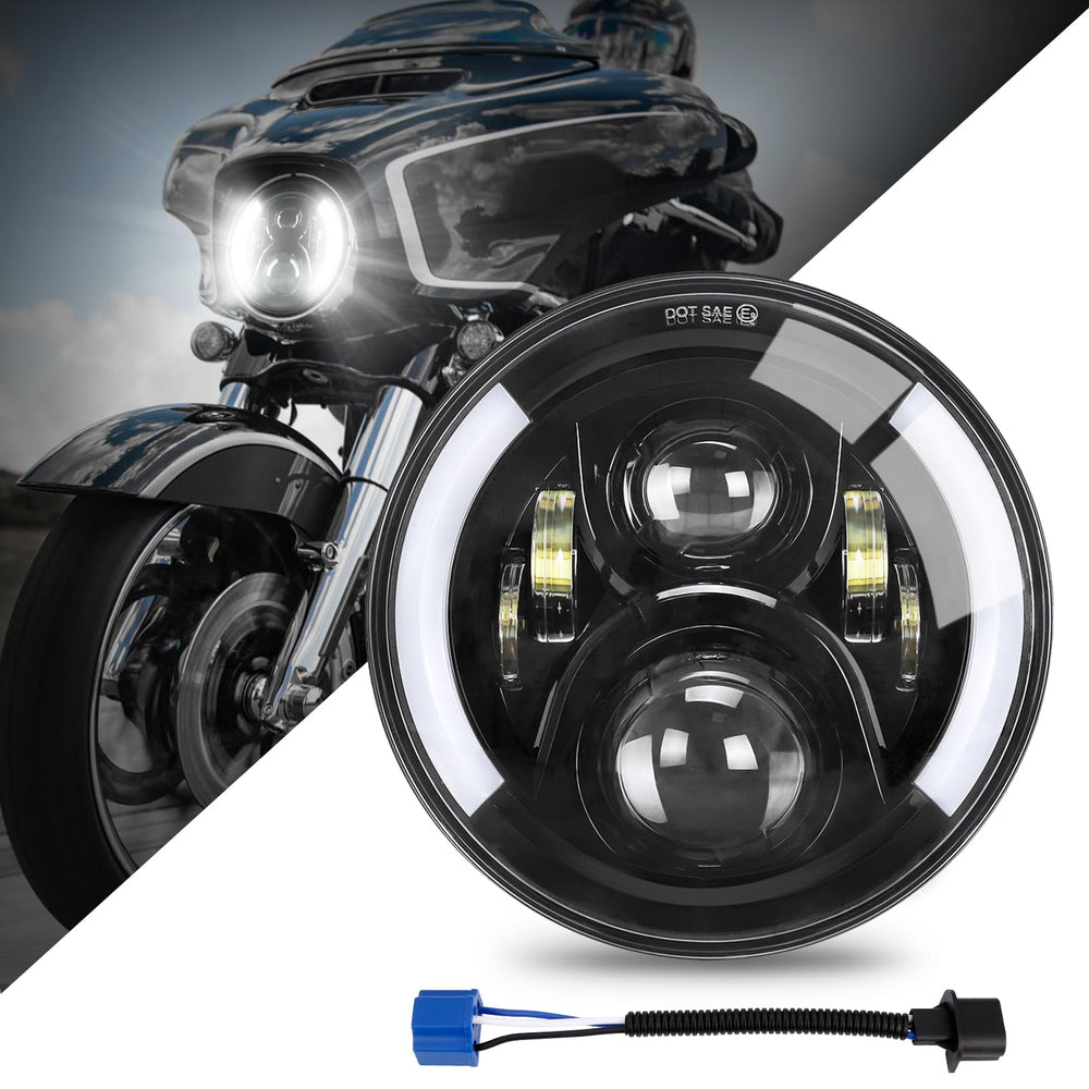 SUPAREE 7 inch headlight front view with integrated turn signals for Harley-Davidson.