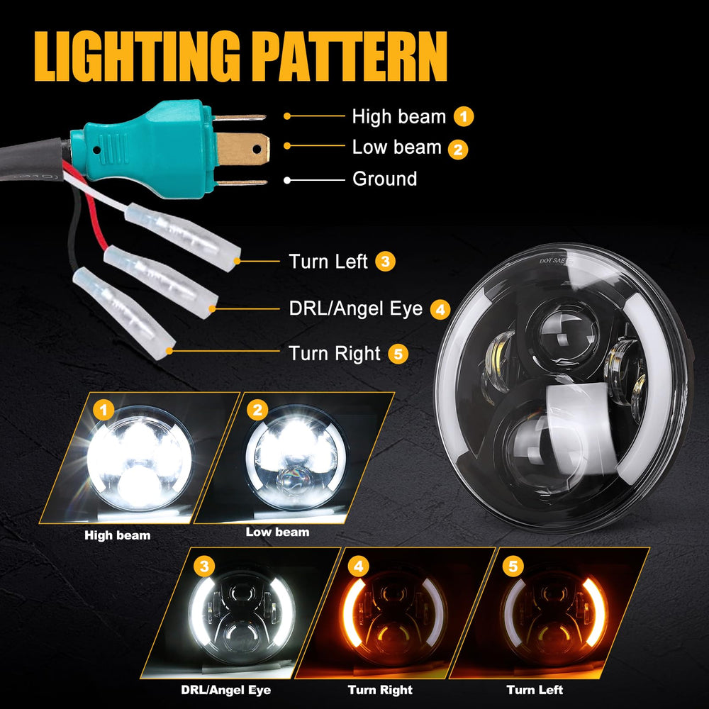 SUPAREE 7 inch LED headlight illuminated with amber turn signals.