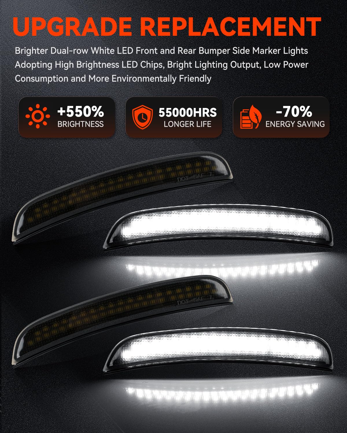 SUPAREE smoked-lens LED markers for Dodge Charger deliver 550% brightness compared to stock.