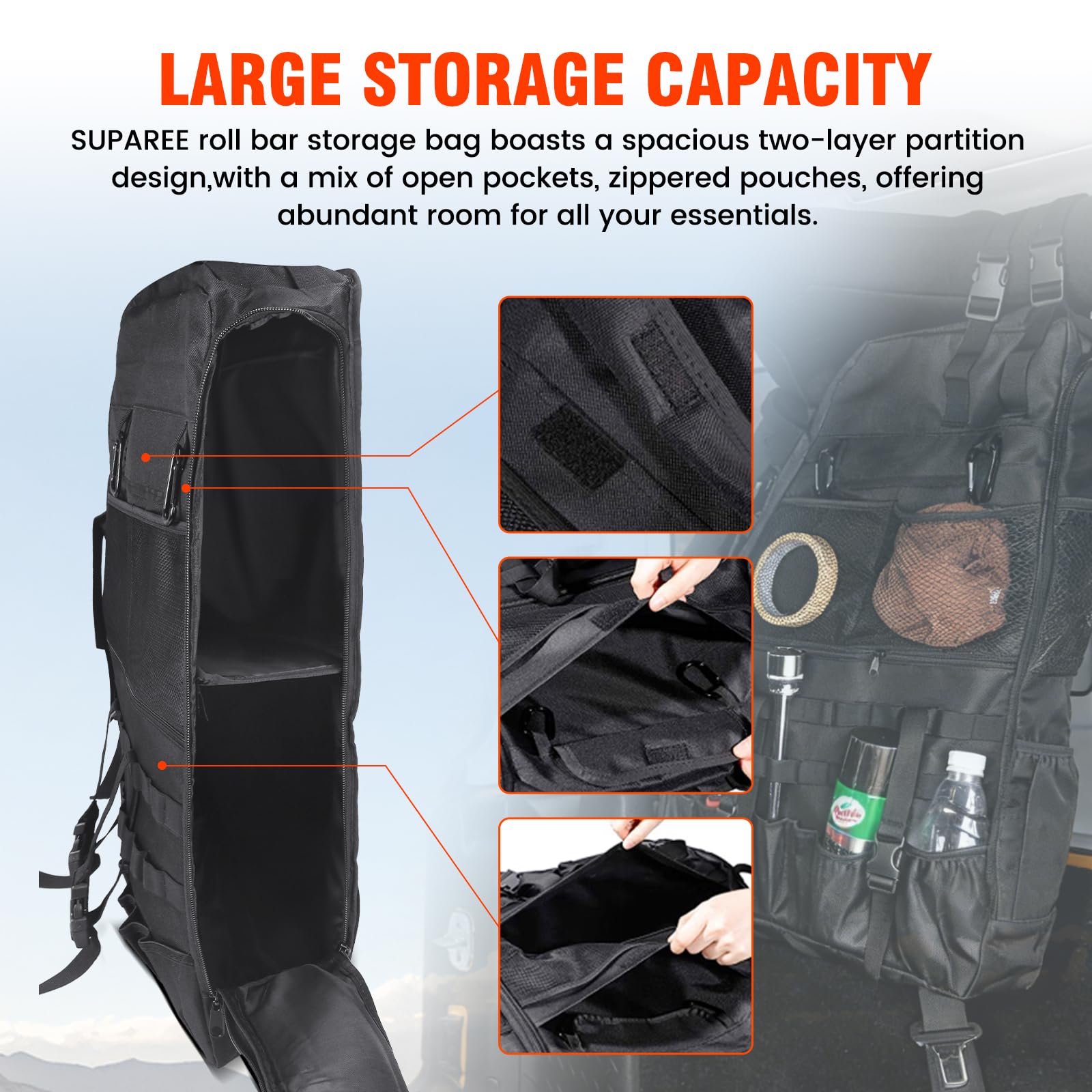 SUPAREE roll bar storage bag two-layer design offers organized compartments.