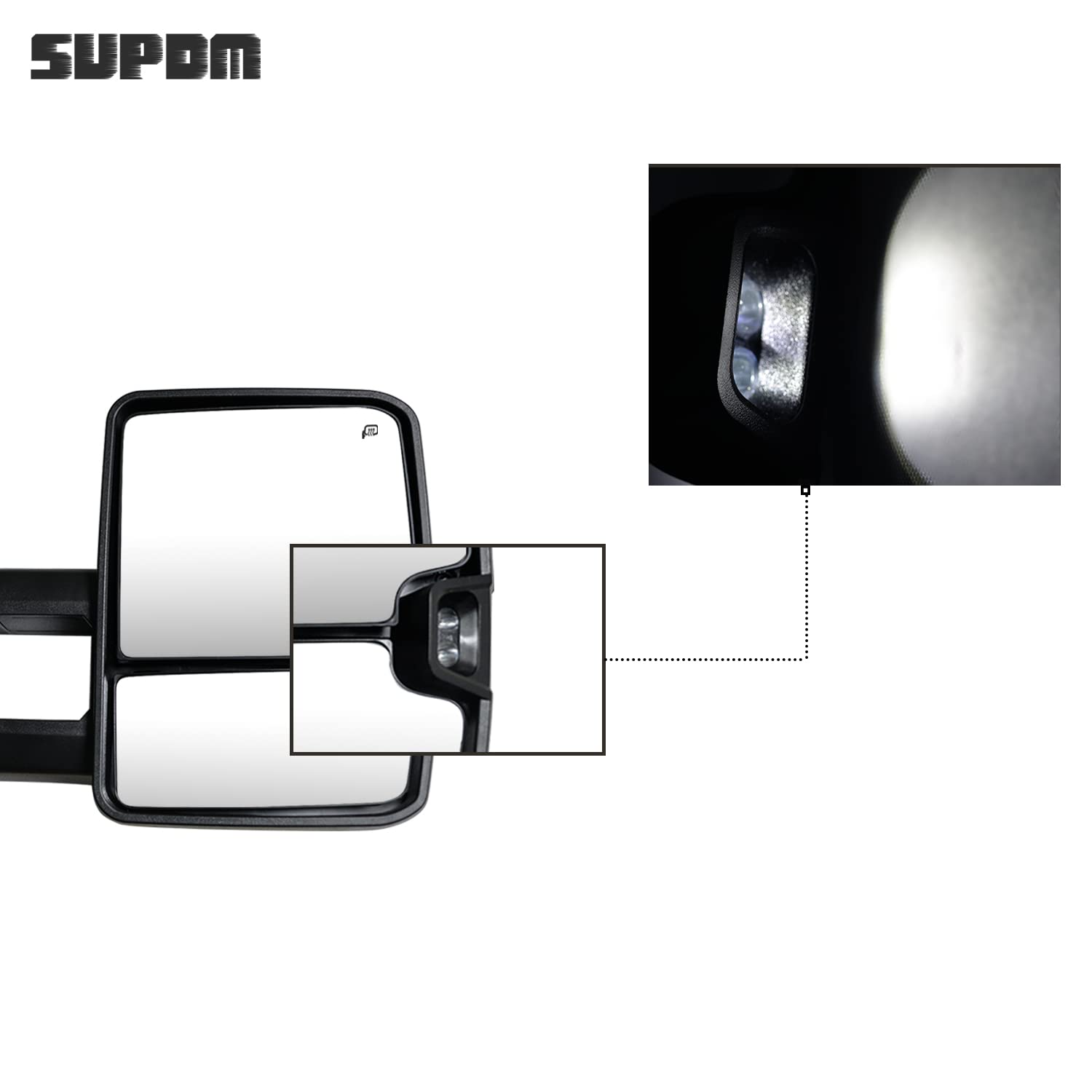 SUPDM towing mirror heated function clears frost for easier nighttime visibility.