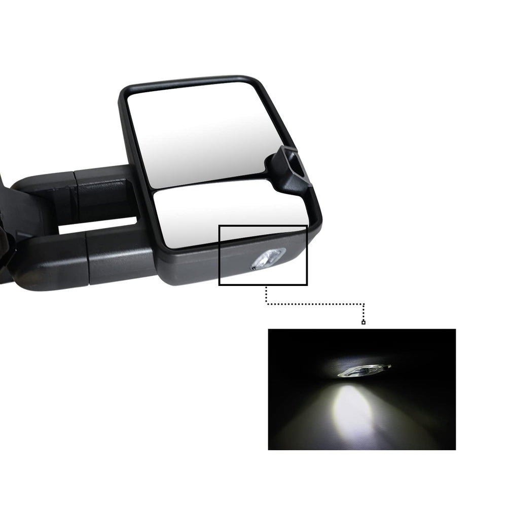 Puddle light on SUPDM towing mirror illuminates ground near the trailer.