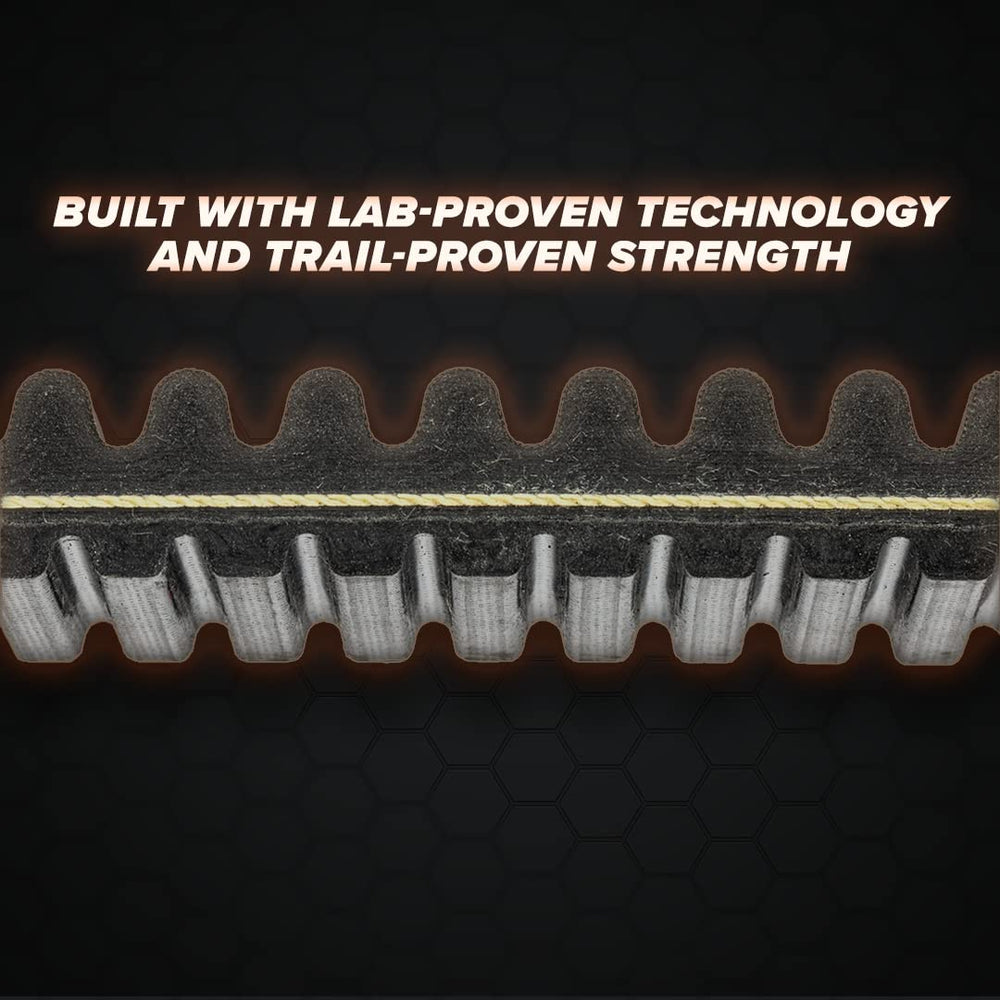 SuperATV CVT belt with aramid fiber cord close-up shows premium construction and strength