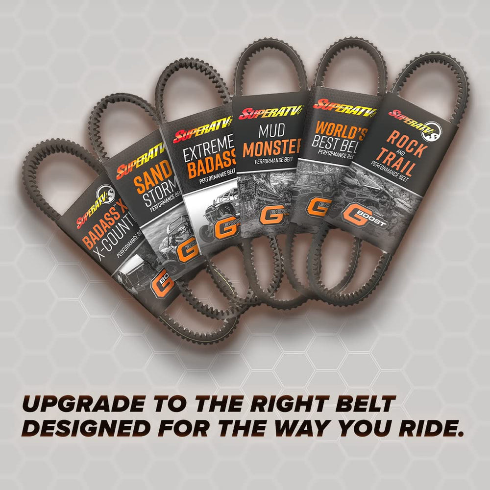 Durability-focused image of the SuperATV belt withstanding high-torque riding conditions.