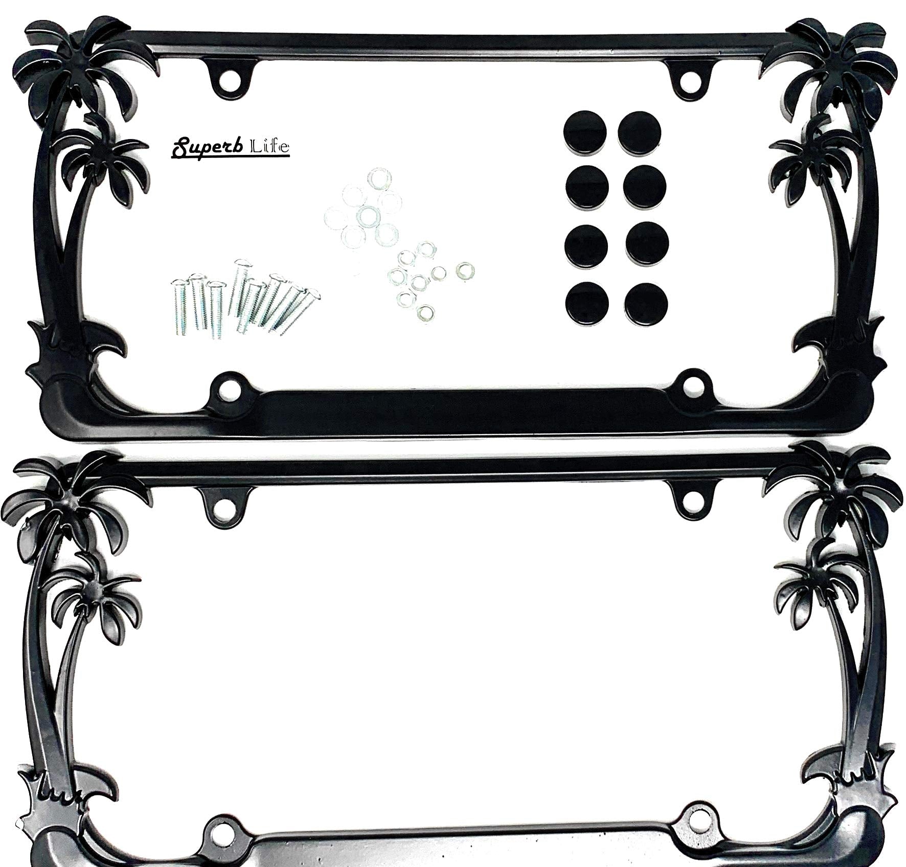 Superb LNF tropical palm tree license frame in chrome enhances front and rear vehicle styling