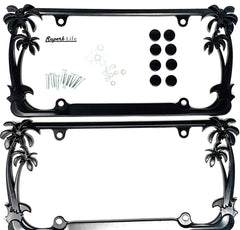 Superb LNF tropical palm tree license frame in chrome enhances front and rear vehicle styling