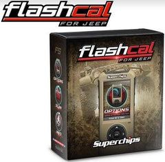 Superchips FlashCal F5 in-cab tuner displaying diagnostic readout in Jeep Wrangler