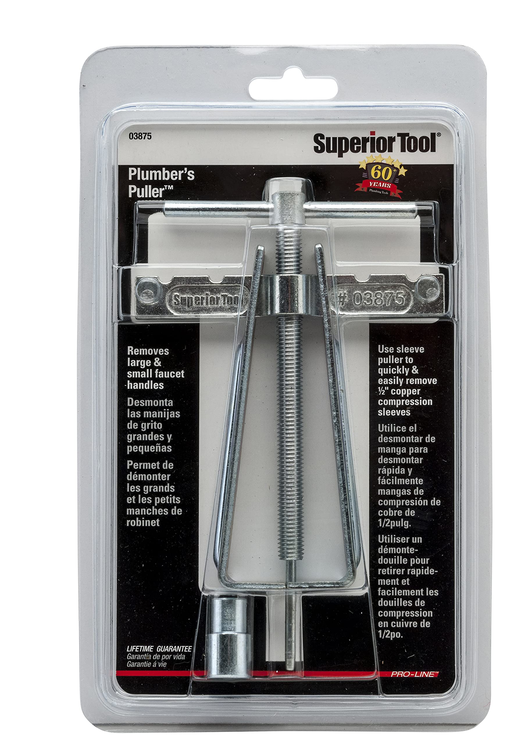 Superior Tool Plumber's Puller Kit in use, showing leverage handle in action for stubborn fittings.