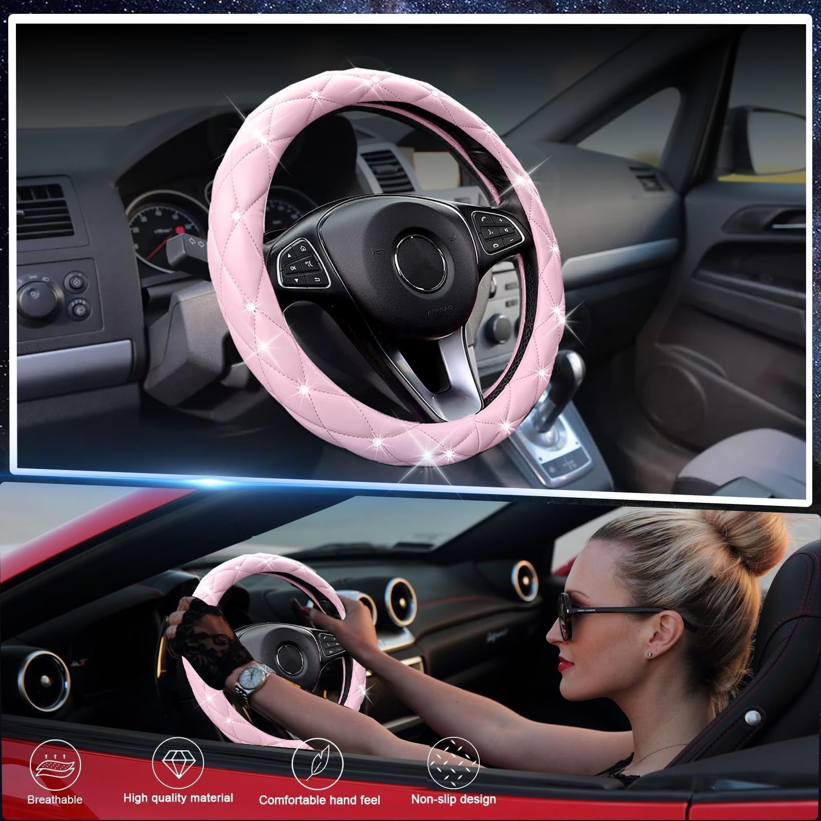 SuperKaKa pink steering wheel cover shows soft imitation leather for comfortable drives.