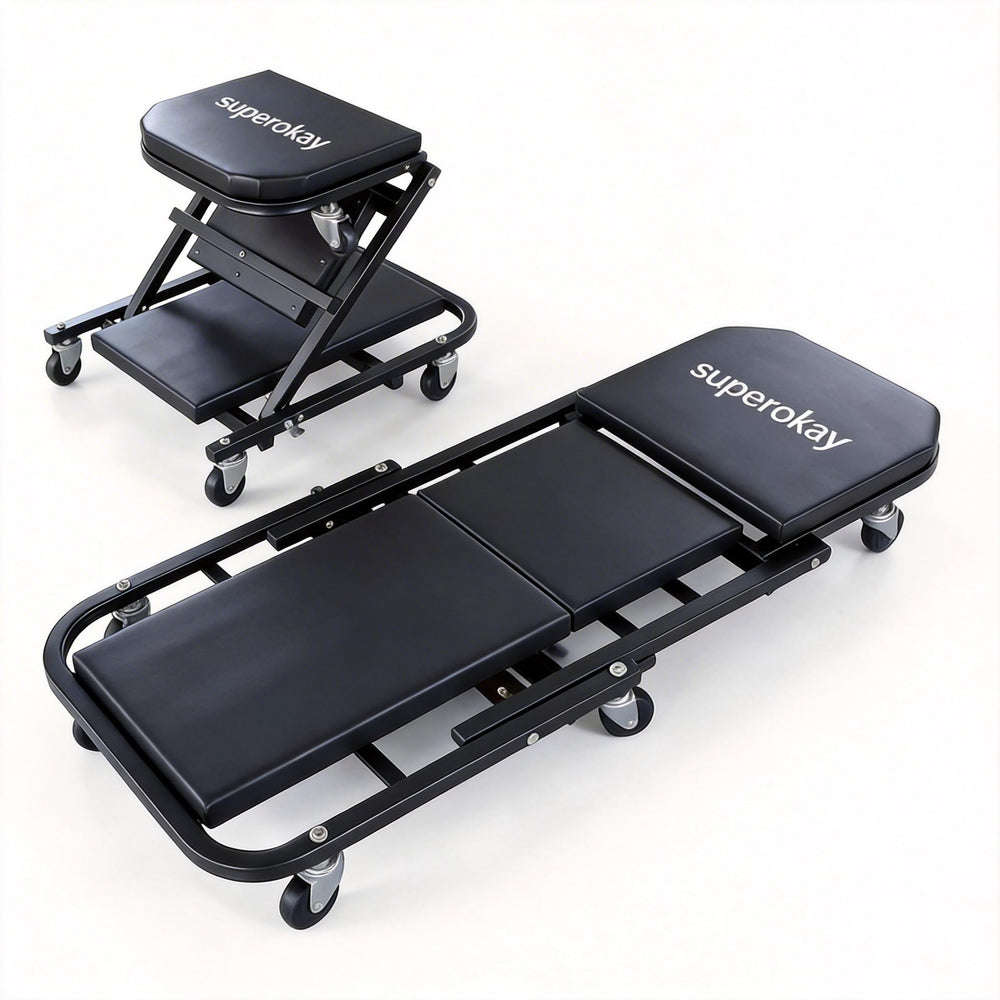 Superokay 2-in-1 folding creeper seat for quick under-vehicle access.
