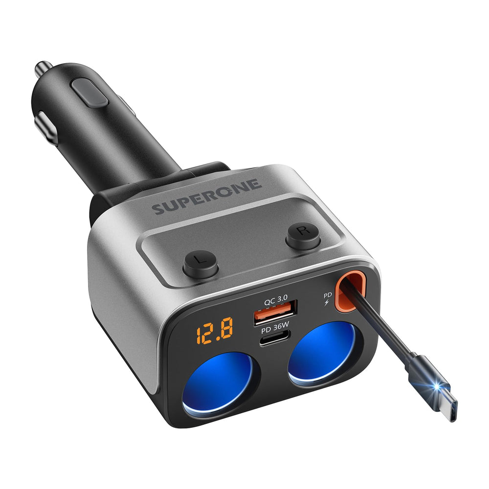SUPERONE 2-Socket Cigarette Lighter Splitter with retractable cable for clutter-free car interior